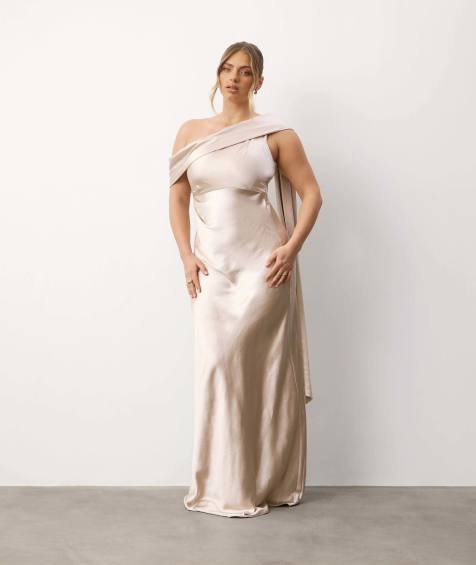 Six Stories One shoulder drape satin bridesmaid dress in oyster - view 1