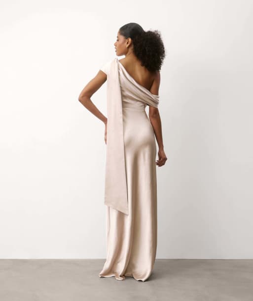 Six Stories One shoulder drape satin bridesmaid dress in oyster, 2 of 7