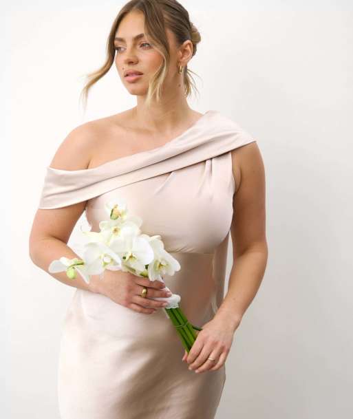 Six Stories One shoulder drape satin bridesmaid dress in oyster, 3 of 7