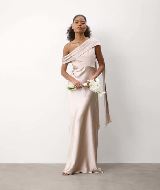 Six Stories One shoulder drape satin bridesmaid dress in oyster, 5 of 7