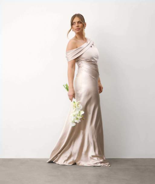 Six Stories One shoulder drape satin bridesmaid dress in oyster, 7 of 7