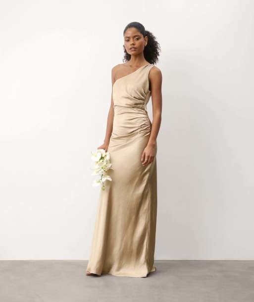 Six Stories One shoulder satin bridesmaid dress in champagne, 4 of 7