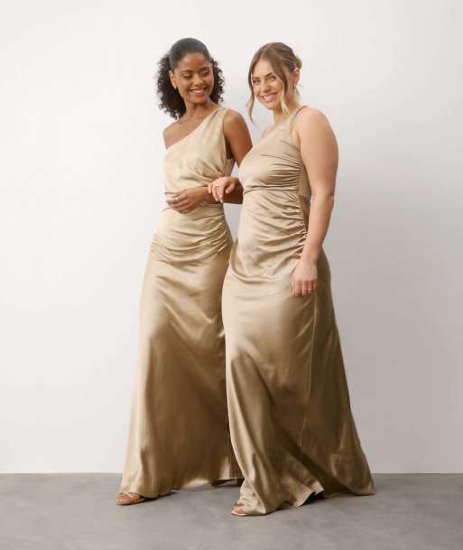 Six Stories One shoulder satin bridesmaid dress in champagne, 5 of 7