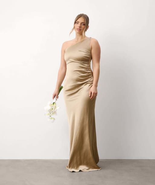 Six Stories One shoulder satin bridesmaid dress in champagne, 6 of 7