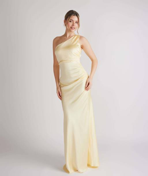Six Stories One shoulder satin bridesmaid dress in lemon, 2 of 7