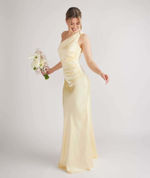 Six Stories One shoulder satin bridesmaid dress in lemon, 3 of 7