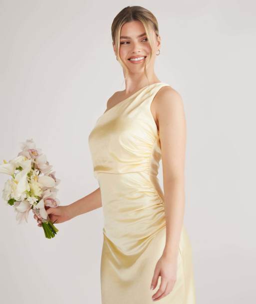 Six Stories One shoulder satin bridesmaid dress in lemon, 4 of 7