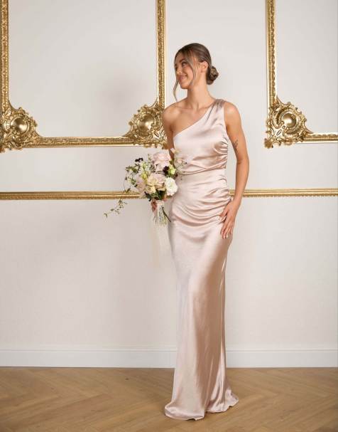 Six Stories One shoulder satin bridesmaid dress in oyster - view 1