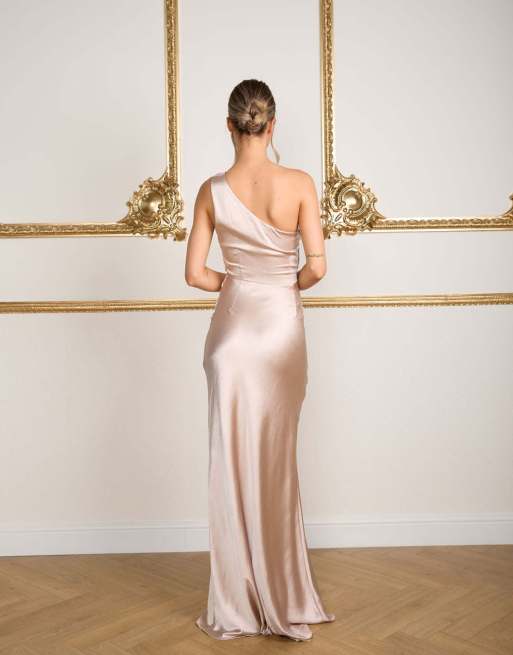 Six Stories One shoulder satin bridesmaid dress in oyster, 3 of 4