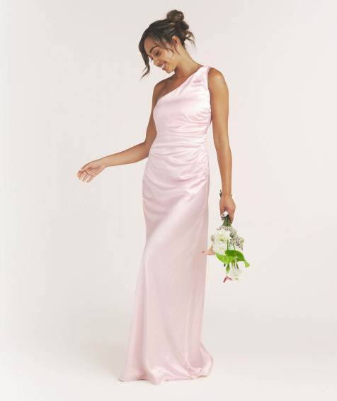 Six Stories One shoulder satin bridesmaid dress in pale pink - view 1