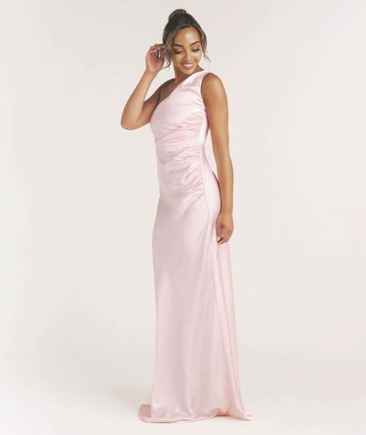 Six Stories One shoulder satin bridesmaid dress in pale pink, 4 of 5