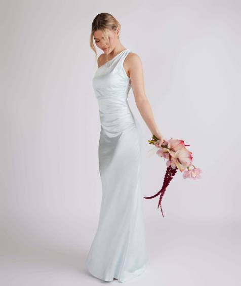 Six Stories One shoulder satin ruched bridesmaid dress in ice blue