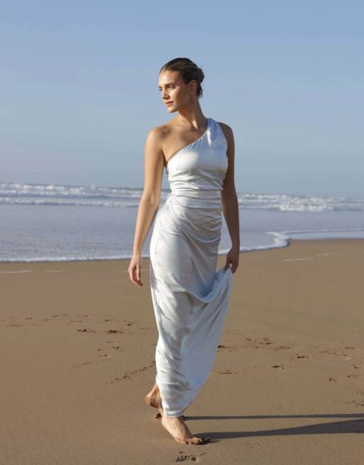 Six Stories One shoulder satin ruched bridesmaid dress in ice blue, 3 of 3