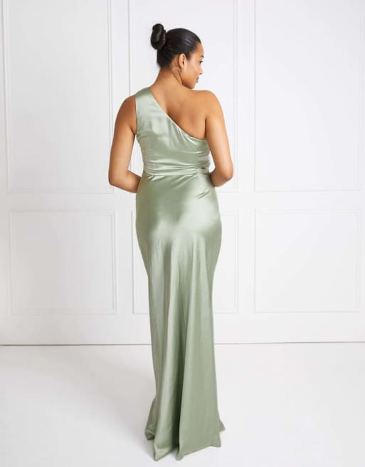 Six Stories One shoulder satin ruched bridesmaid dress in sage, 3 of 4