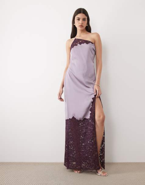 Six Stories one shoulder thigh split satin and lace mix maxi dress in orchid purple - view 1