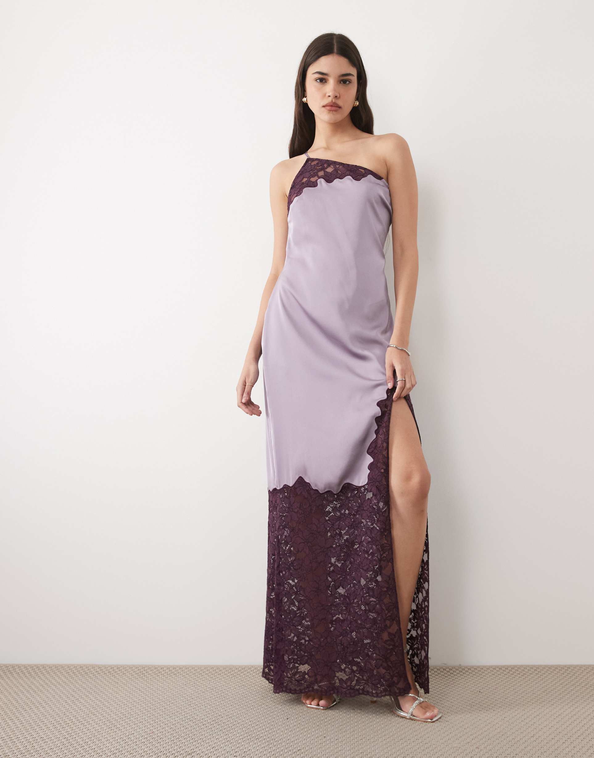 six stories one shoulder thigh split satin and lace mix maxi dress in orchid purple