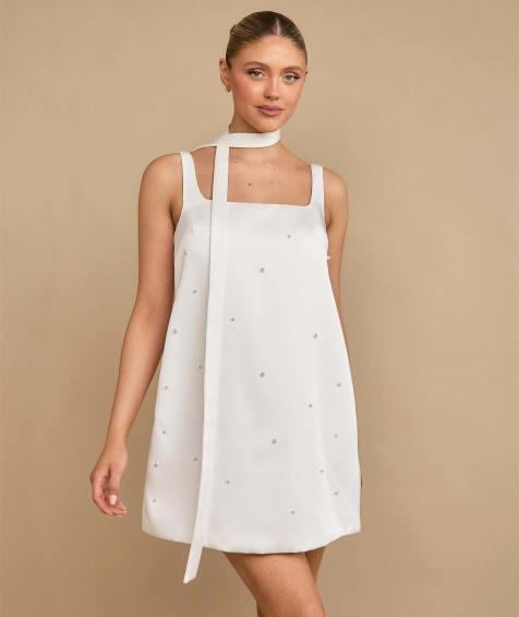 Six Stories Pearl scatter detail mini dress with neck scarf in ivory - view 1