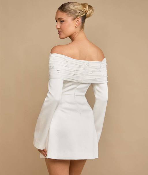 Six Stories Pearl trim bardot mini dress in white, 2 of 7