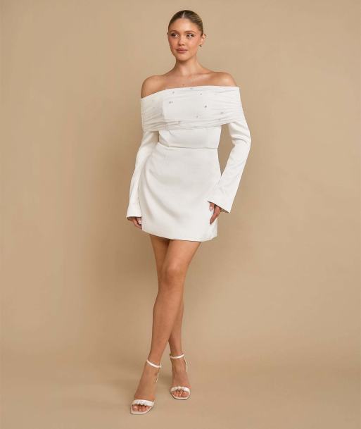 Six Stories Pearl trim bardot mini dress in white, 3 of 7
