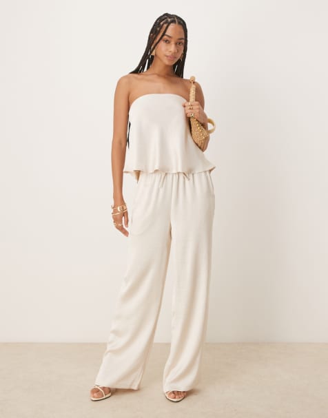 Six Stories tie waist wide leg satin trouser co-ord in oyster