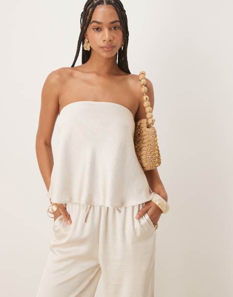 Six Stories bandeau satin flippy top co-ord in oyster