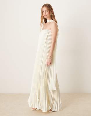 pleated bandeau maxi dress with detachable neck scarf in oyster-White