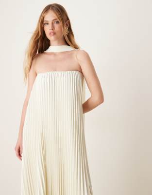 Six Stories pleated bandeau maxi dress with detachable neck scarf in oyster