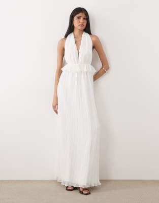 Six Stories Pleated Plunge Ruffle Detail Maxi Dress In White
