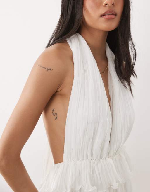 Six Stories pleated plunge ruffle detail maxi dress in white, 2 of 4