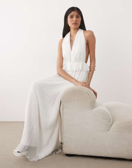 Six Stories pleated plunge ruffle detail maxi dress in white, 3 of 4