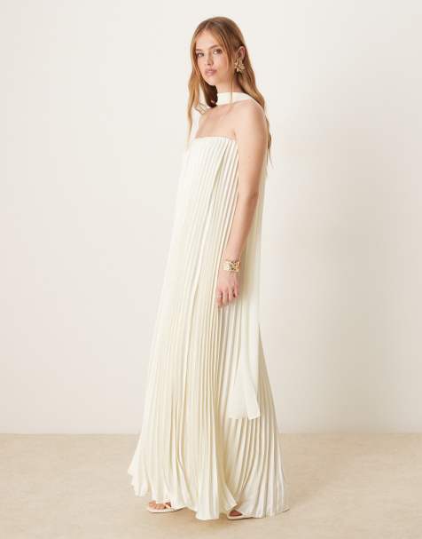 Six Stories pleated bandeau maxi dress with detachable neck scarf in oyster