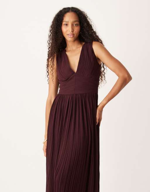 Six Stories – Plissiertes Maxikleid in Weinrot mit tiefem Ausschnitt, 3 von 4