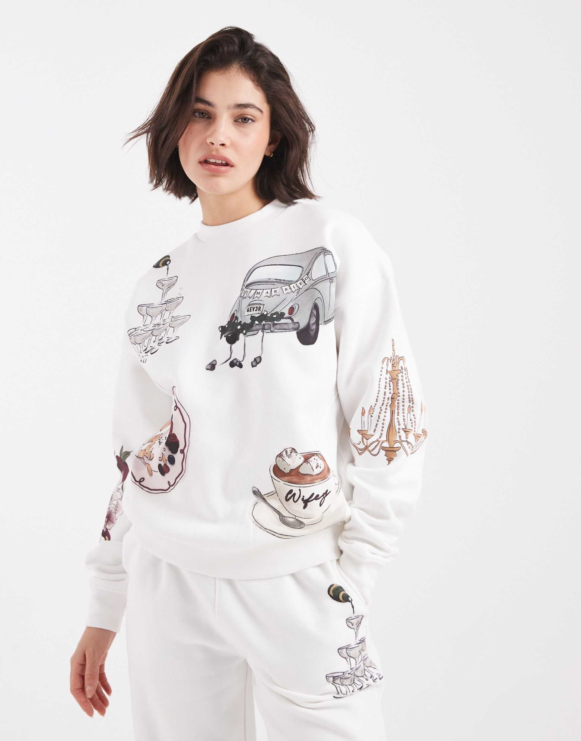 six stories printed winter bridal sweatshirt in white - part of a set