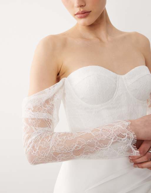 Six Stories - Robe de mariée courte à épaules tombantes avec manches en dentelle - Blanc, 3 de 4