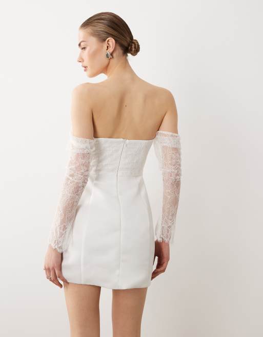 Six Stories - Robe de mariée courte à épaules tombantes avec manches en dentelle - Blanc, 4 de 4