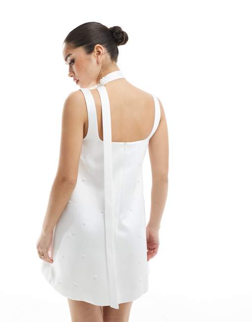 Six Stories - Robe de mariée courte ornée de perles avec foulard à l'encolure - Ivoire, 4 de 4