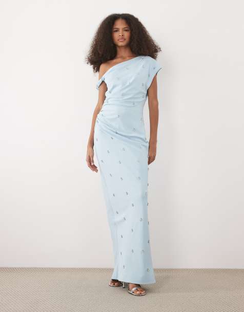 Six Stories - Robe longue à épaule tombante ornée de perles - Bleu pâle - view 1