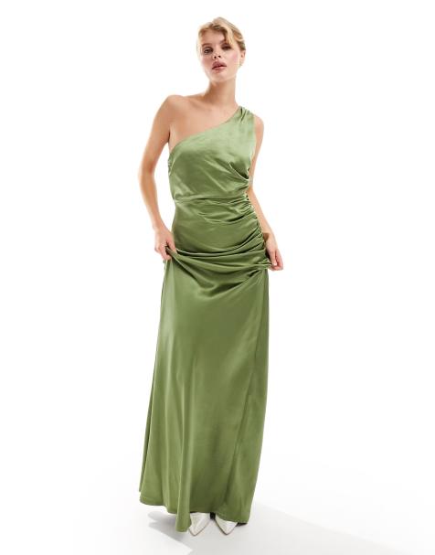 Six Stories - Robe longue asymétrique de demoiselle d'honneur en satin - Vert mousse - view 1