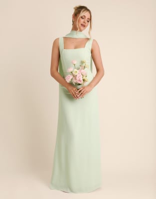 Six Stories - Robe longue de demoiselle d'honneur en crêpe à encolure carrée et détail foulard - Vert menthe
