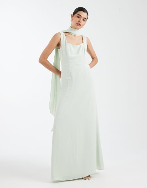 Six Stories - Robe longue de demoiselle d'honneur en crêpe à encolure carrée et détail foulard - Vert menthe - view 1