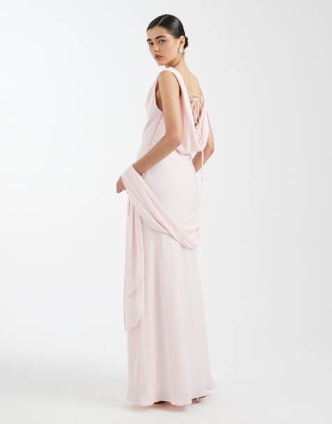 Six Stories - Robe longue de demoiselle d'honneur en crêpe avec col bénitier plongeant - Rose pâle - view 1