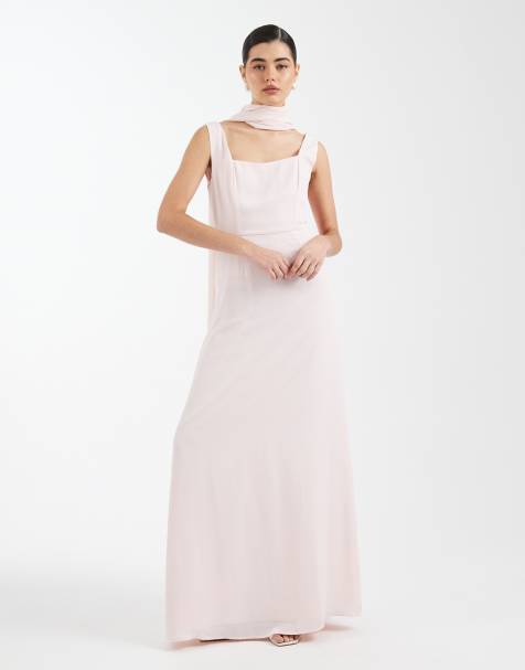 Six Stories - Robe longue de demoiselle d'honneur en crêpe avec encolure carrée et détail foulard - Rose pâle - view 1