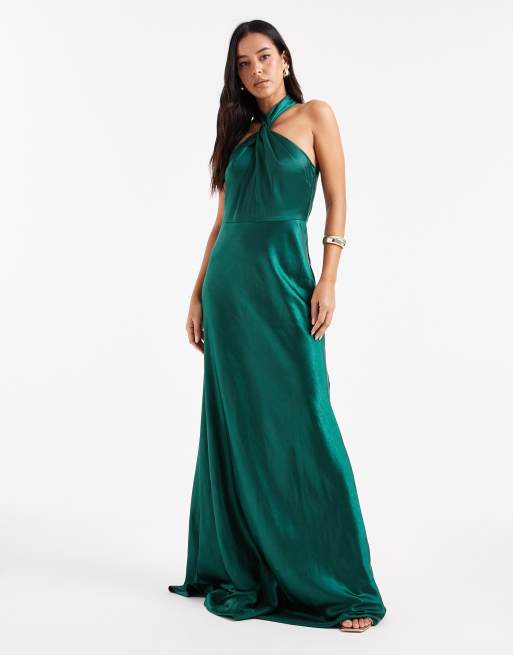 Six Stories - Robe longue de demoiselle d'honneur en satin à encolure américaine à détail torsadé - Vert émeraude
