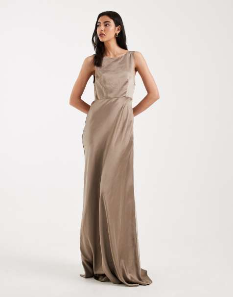 Six Stories - Robe longue de demoiselle d'honneur en satin avec dos bénitier - Moka - view 1