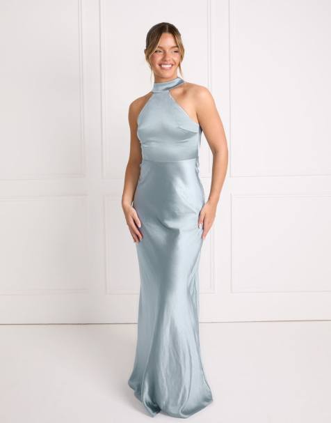 Six Stories - Robe longue de demoiselle d'honneur en satin avec liens noués autour du cou - Bleu pâle - view 1