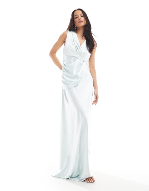 Six Stories - Robe longue de demoiselle d'honneur en satin avec superposition froncée - Bleu glacier - view 1