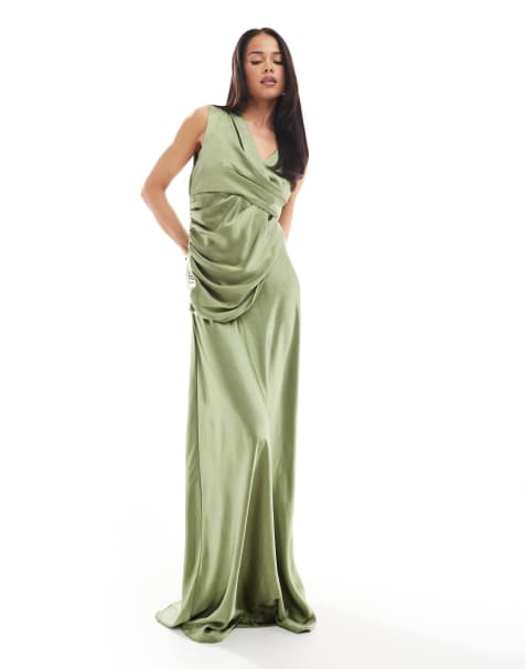 Six Stories - Robe longue de demoiselle d'honneur en satin avec superposition froncée - Vert mousse - view 1