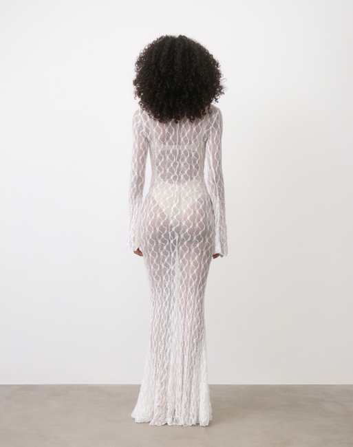 Six Stories - Robe longue en dentelle stretch transparente avec manches évasées - Blanc, 3 de 4