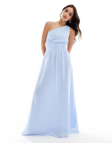 Six Stories - Robe longue et asymétrique de demoiselle d'honneur en mousseline - Bleu poudré - view 1