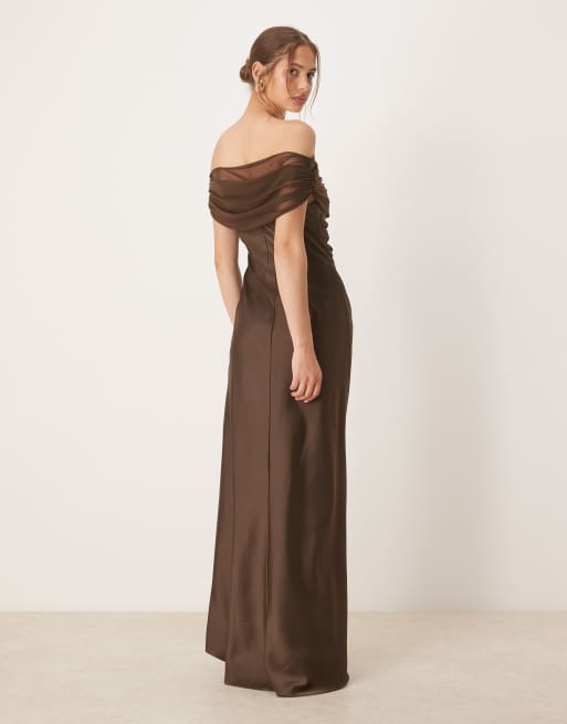 Six Stories - Robe longueur mollet en satin et tulle à épaules dénudées - Chocolat, 2 de 4